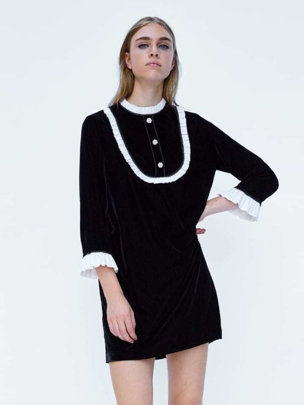 Zara Combined Velvet Mini Dress Long Sleeve White Ruffle Collar Size Small